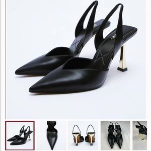 Zara Black Metallic Heeled Leather Slingback Shoes, Size 38 or 7.5, in dust bag
